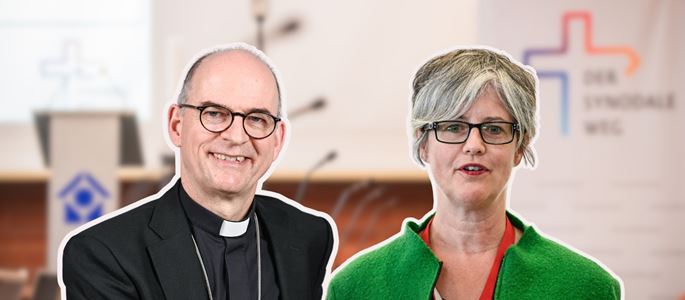 Die Vorsitzenden der Evaluationskommission des Synodalen Ausschusses: Bischof Franz Jung und Birgit Mock